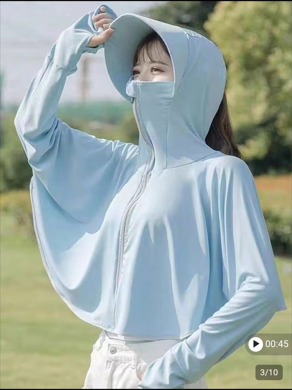 UPF 50+ Light Blue Cropped Sun Protection Cape Jacket w Built-In Face Mask Visor